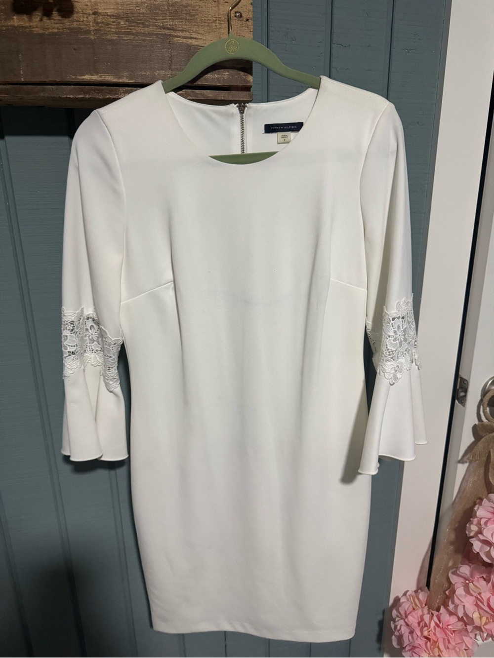 Tommy Hilfiger White Long Sleeve Lace Bell-Sleeve Dress